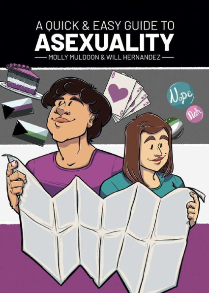 Illustrated book cover of "A Quick & Easy Guide to Asexuality" features two people with an open map, a slice of cake, flags, and cards, conveying a supportive tone.