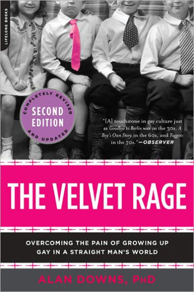 Cover of "The Velvet Rage" by Alan Downs, PhD. Features three men in suits above a bold pink title section.