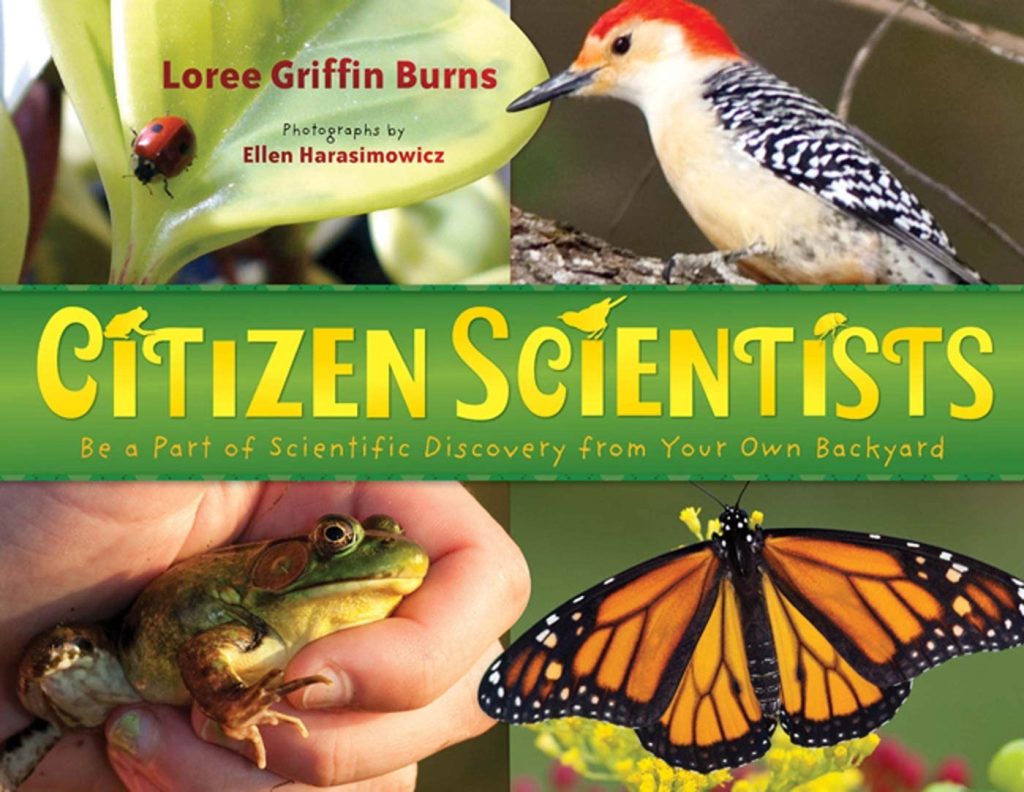 Citizen Scientists by Loree Griffin Burns book cover. Photographs of a woodpecker, monarch butterfly, frog and lady bug.