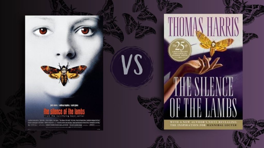 'The Silence of the Lambs' by Thomas Harris movie poster and book cover next to each other. To the left, the movie cover of 'The Silence of the Lambs' shows a close-up photo of a woman with a moth in front of her mouth and the title in red text at the bottom. To the right, the book cover is a hand reaching out to a moth, with the title text below the hand in white text and the author name in purple text above the moth. The background behind both covers is purple.