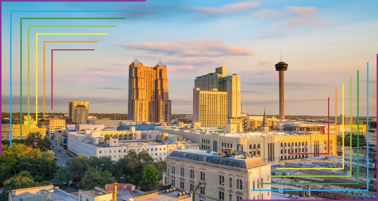 Skyline of San Antonio Texas. It is sunrise and there is rainbow corner boarders.