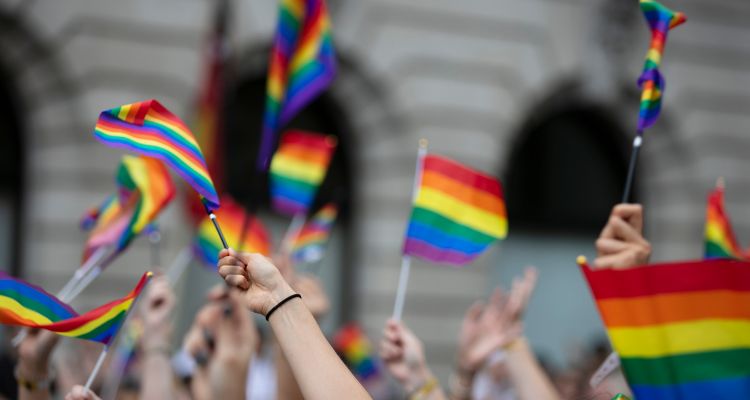 Various hands in the air waving the Pride flag in front of a stone archway. Only one hand in the front is clean the rest is aesthetically blurry.