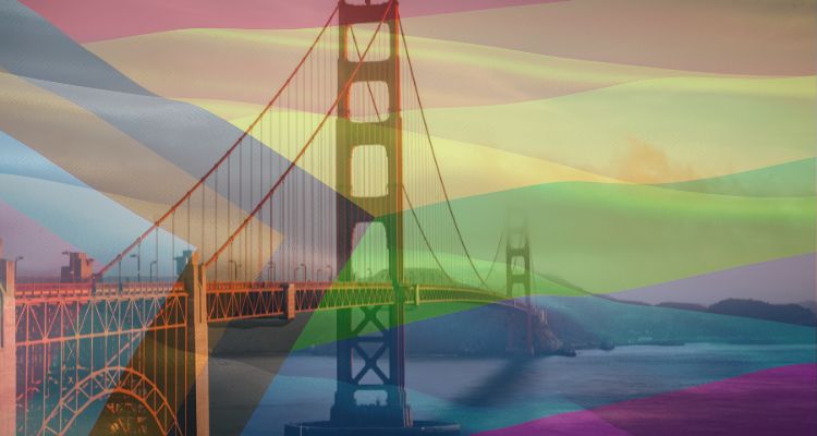 The golden gate bridge landscape, with the pride flag in the layered over, faded out.
