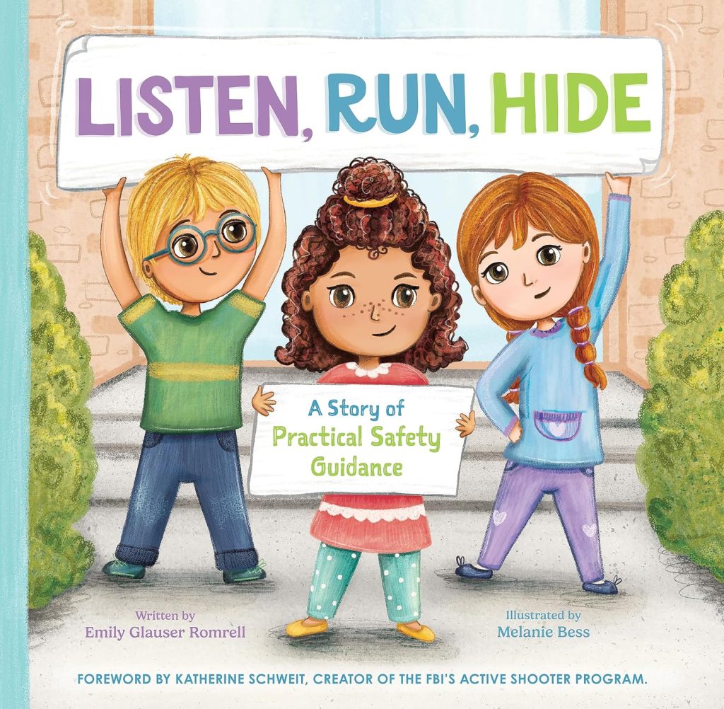 Listen, Run, Hide by Emily Glauser Romrell book cover. Three kids holding up signs with the title of the book on them.