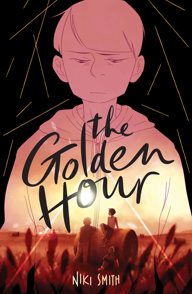The Golden Hour by Niki Smith book cover. A sunset with three kids on a farm within the silhouetted figure of a boy looking sad.