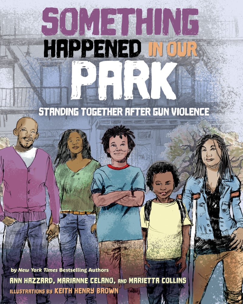 Something Happened in Our Park book cover. Five people of various ages standing in a line dutifully against a background of an apartment complex.