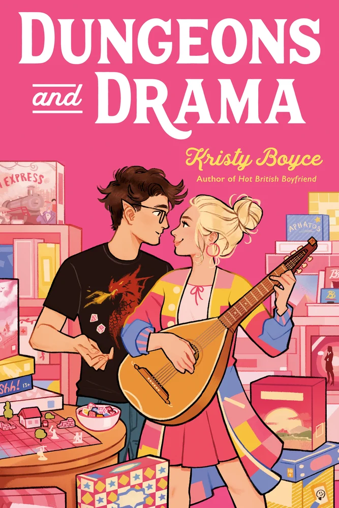 Dungeons and Drama by Kristy Boyce book cover, featuring a teen boy throwing dice and teen girl holding an instrument. They are smiling at each other, and the overall color scheme is very pink and vibrant.