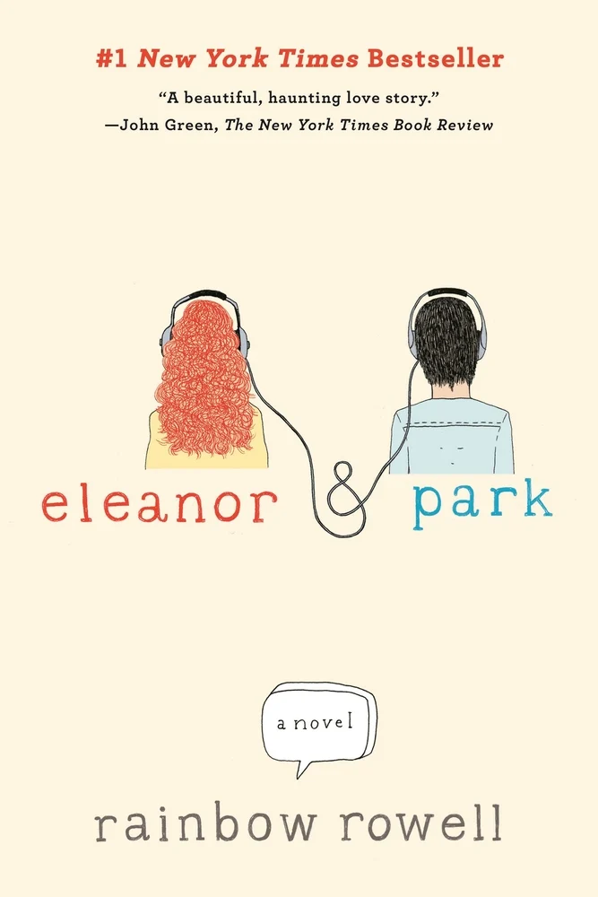Eleanor and Park by Rainbow Rowell book cover, depicting an illustration of a ginger girl and a dark-haired boy. They are both wearing headphones and the wire forms the ampersand symbol in the title.