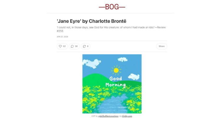 Books on GIF example depicting an entry titled "'Jane Eyre' by Charlotte Brontë" and an image of a GIF that says "Good Morning" and has a mountainous landscape.