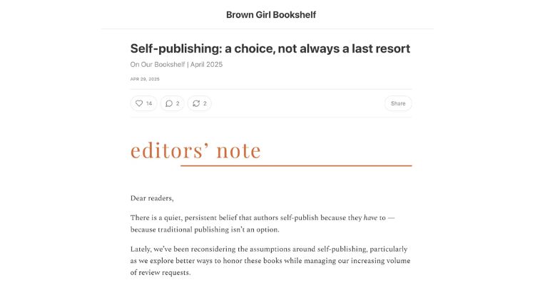 Brown Girl Bookshelf example, depicting an entry titled "Self-publishing: a choice, not always a last resort" and an editor's note.