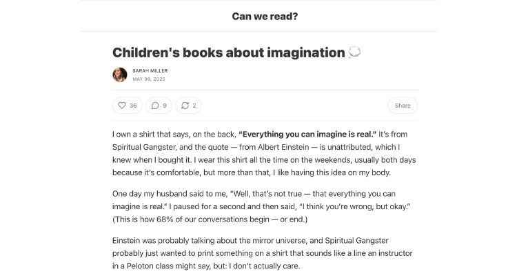 Can We Read? example depicting an entry titled "Children's books about imagination"