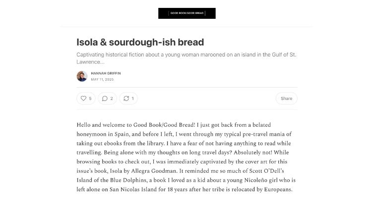 Good Book/Good Bread example recommending Isola by Allegra Goodman and "sourdough-ish" bread.