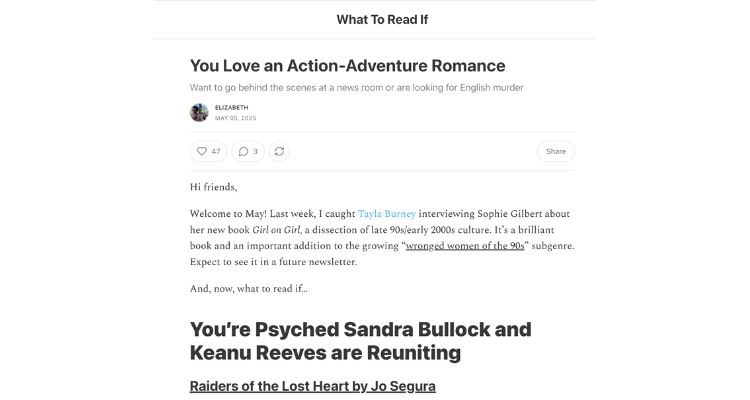 What To Read If example, depicting an entry titled "You love an Action-Adventure Romance," and the introduction to the entry.
