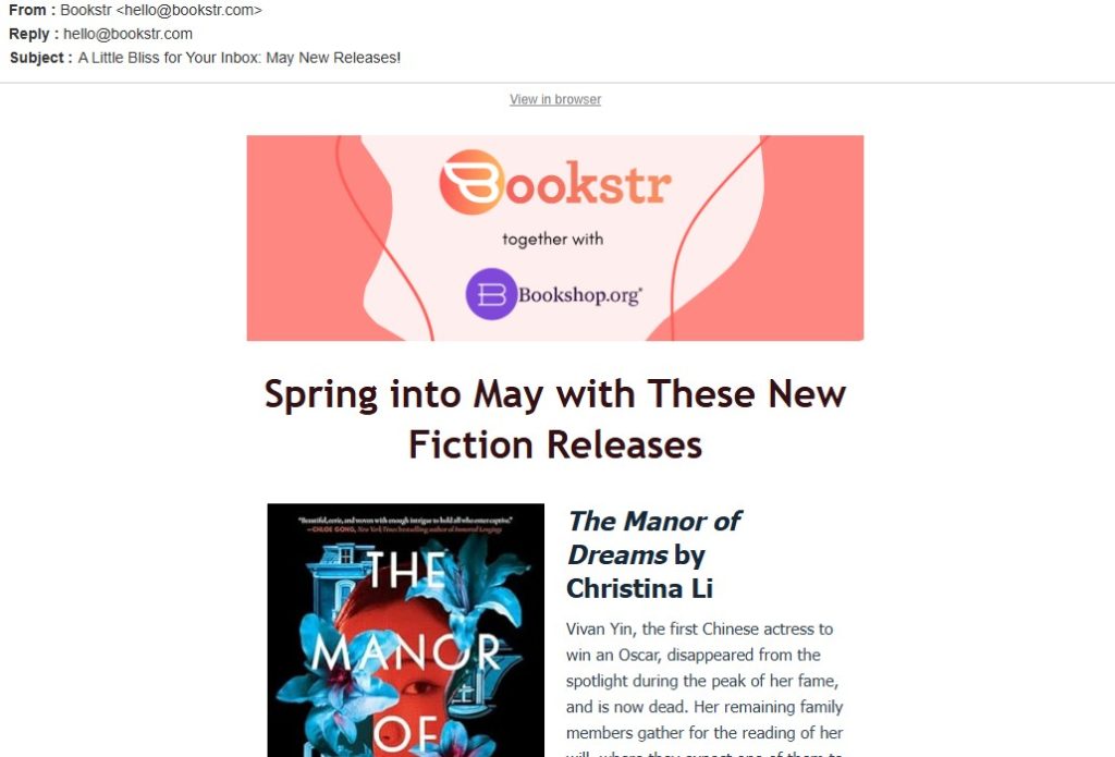 Bookstr Email example showcasing new releases for the month of May.