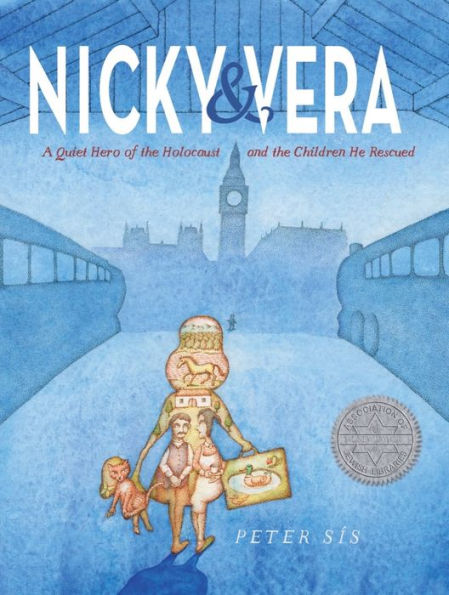 Book cover of 'Nicky & Vera: A Quiet Hero of the Holocaust and the Children He Rescued' by Peter Sís, featuring a colorful illustration of a person with a doll in hand and a historical backdrop. Silver metal in bottom right corner.