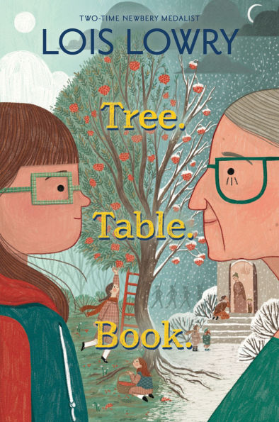 A children's book cover featuring two characters, a girl with glasses and an elderly man with glasses, facing each other in front of a colorful tree. The title 'Tree. Table. Book.' is displayed prominently. The background includes elements suggesting a seasonal theme.
