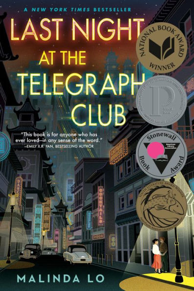 Illustrated book cover for "Last Night at the Telegraph Club" by Malinda Lo. Features a 1950s Chinatown street at night, with neon signs and four award medals.
