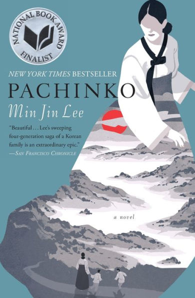 The cover of Pachinko features a stylized illustration of a woman in traditional Korean attire, set against a backdrop of soft, muted colors with floral patterns. The title "Pachinko" is displayed prominently in bold lettering, with the author's name, "Min Jin Lee," positioned below.
