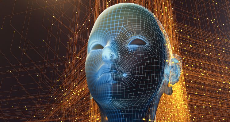 The image depicts an artificial face made of a grid of blue lines with gold network lines against the black background.