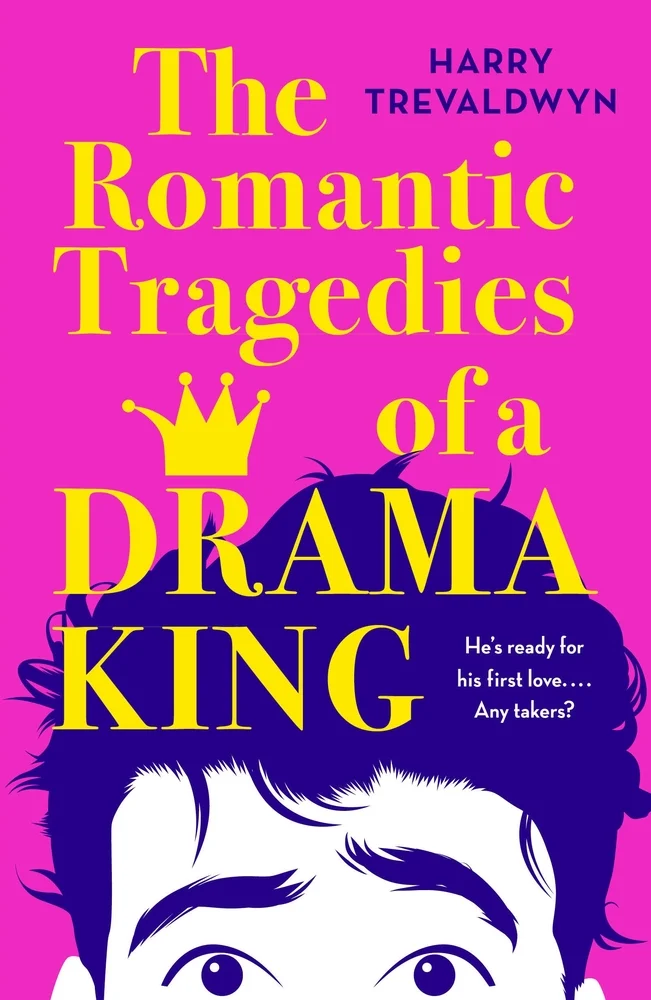 The book cover for The Romantic Tragedies of a Drama King. A dark pink background with a young boy's head peeking up from the bottom in white and dark blue. His hair is wild and his eyebrows are raised in concern. The Romantic Tragedies of a Drama King and a crown icon are in yellow text.