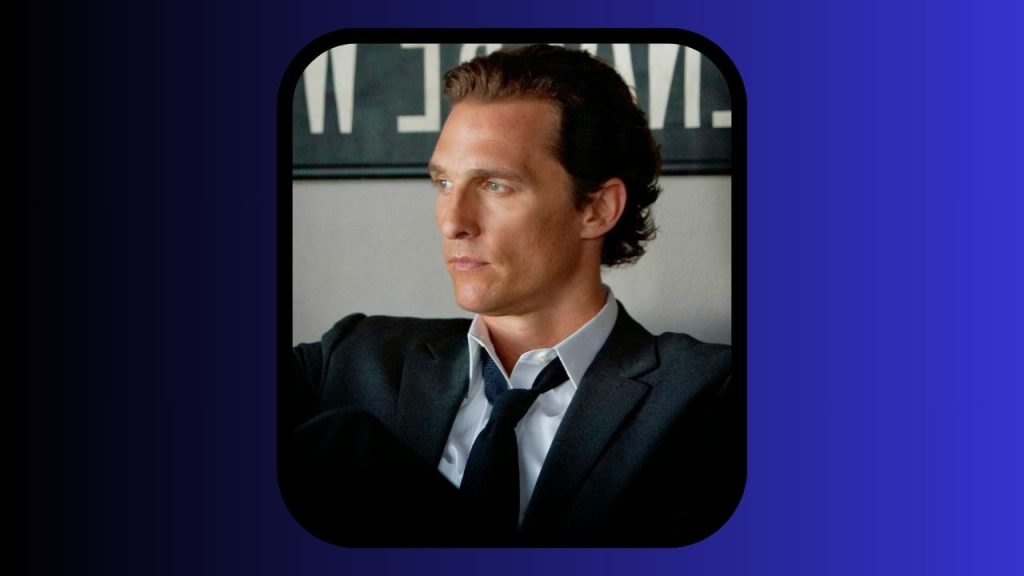 Portrait of Matthew McConaughey in a suit on a blue and black background.