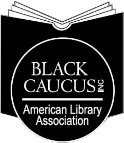 Logo for the Black Caucus of the American Library Association. Depicted is an open book with a black cover on a white background. A black circle in front of the book, outlined in white, displays the organization's title in white.