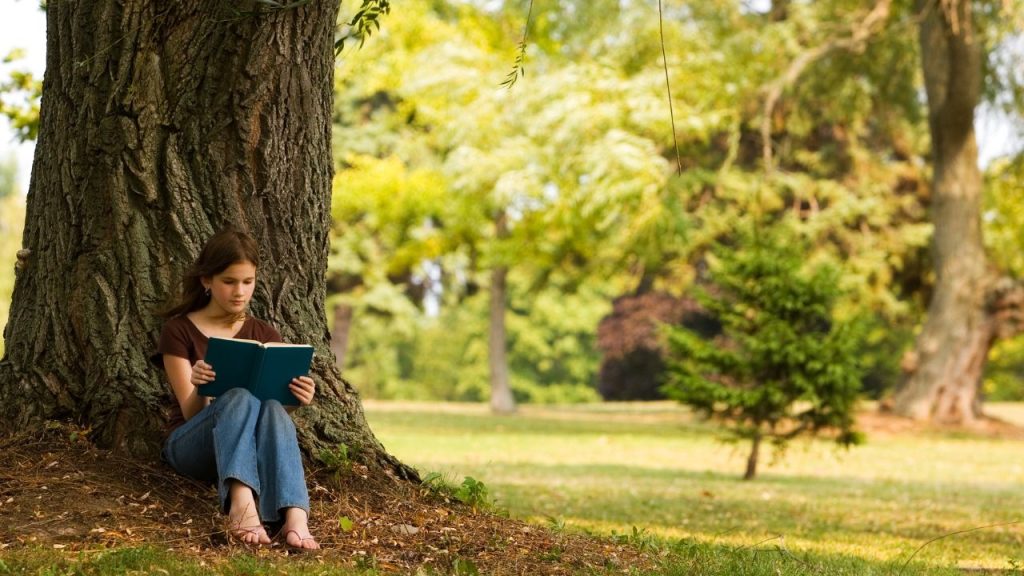 Brunette girl sits by a tree, surrounded by other trees, and reads a book with a navy cover.