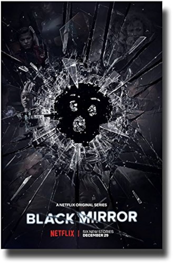 Poster for Black Mirror, depicting shattered glass made in the shape of a shocked face. The borders of the glass have reflections of faces.
