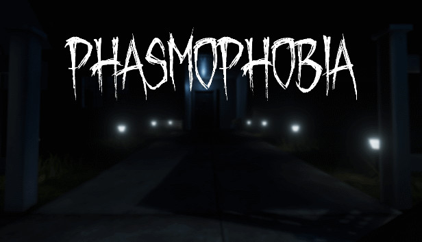Phasmophobia video game cover depicting a blurry driveway with lights and the title in a white, scratchy font.