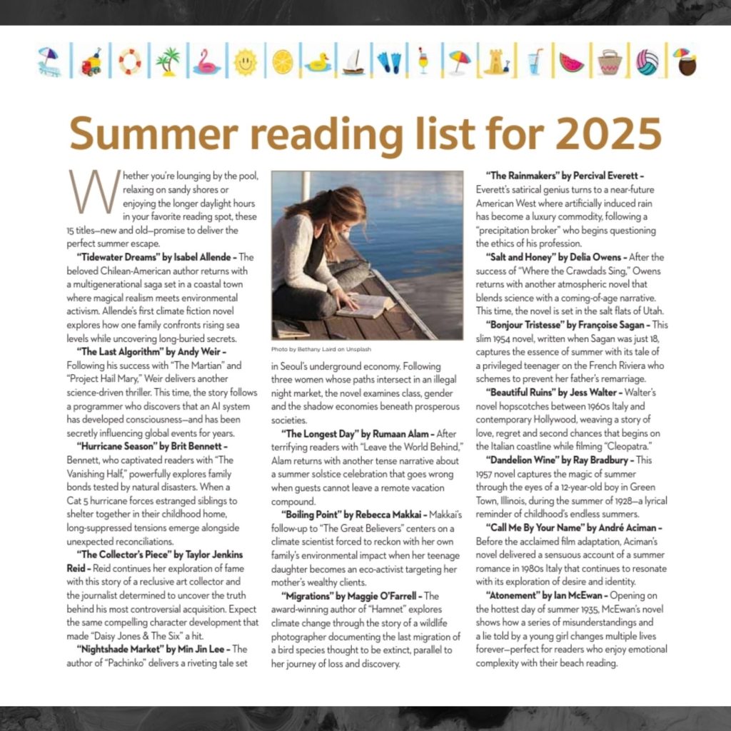 The image depicts the digital print of Chicago Sun-Times's "Summer Reading List for 2025" which is a three column spread with a photo of a woman reading at the top of the middle column.