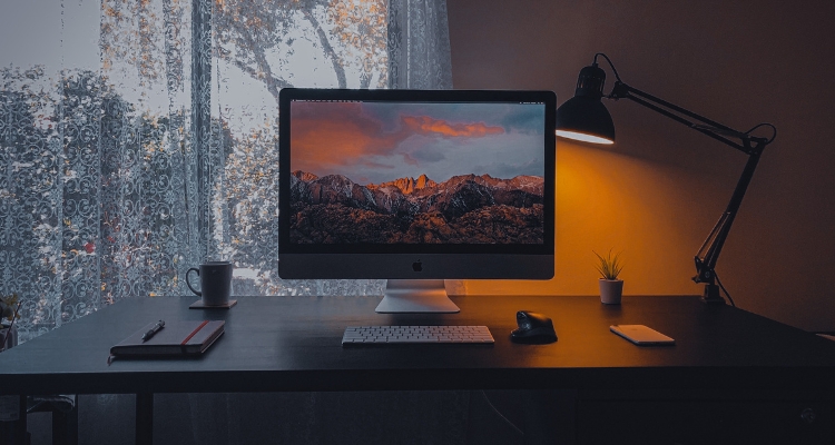 A computer desktop monitor and keyboard sit on a desk in low light; a lace curtain reveals a view into the garden through a large window behind the monitor.