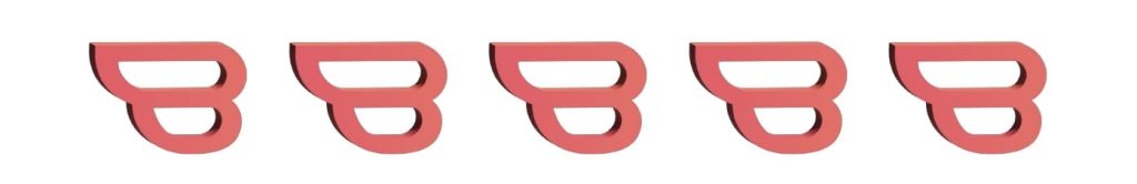 Five opaque pink Bookstr B logos in a horizontal line, respresenting 5 out of 5 stars.