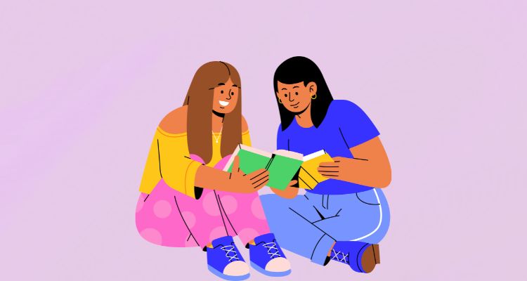 Purple background, with two cartoon girls are sitting down sharing books together.