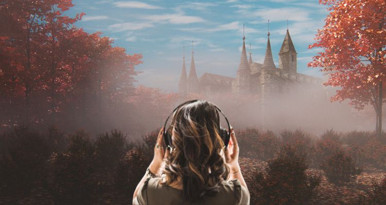 A woman turned towards the back with headphones on and a fantasy castle setting in the background.