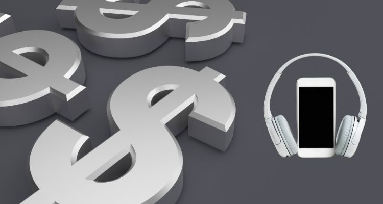 Large dollar sign symbols next to a phone and headphones.