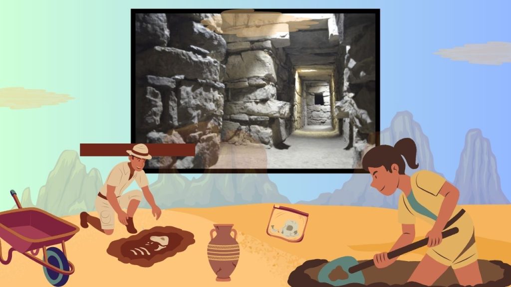 A photo from the ruins is framed in a black frame. Archaeologists digging up artifacts among a mountainous backdrop takes up the background of this image.