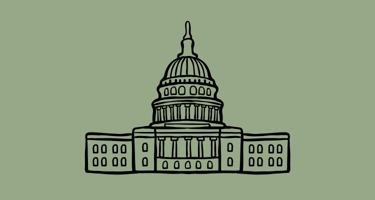 A green background holds an illustration of a government building.