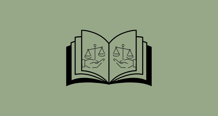 The green background holds an open book with a mirrored image showing a hand holding a balance.