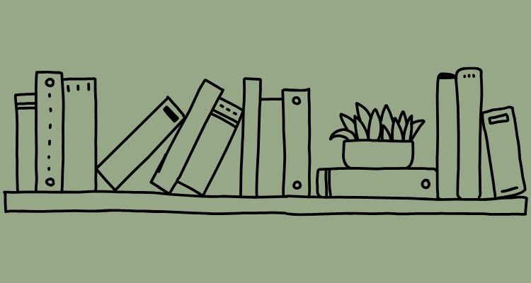 An illustration of a stack of books on the shelf is shown with one potted plant. The background is green.