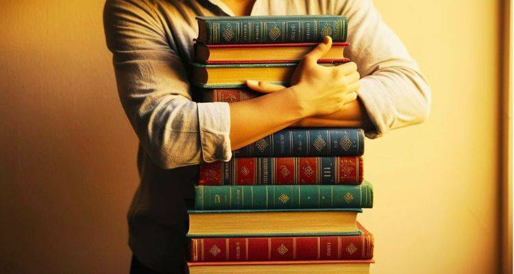 A person is hugging a stack of 10 books. They are red, blue, and green, and some spines face out while others face in.