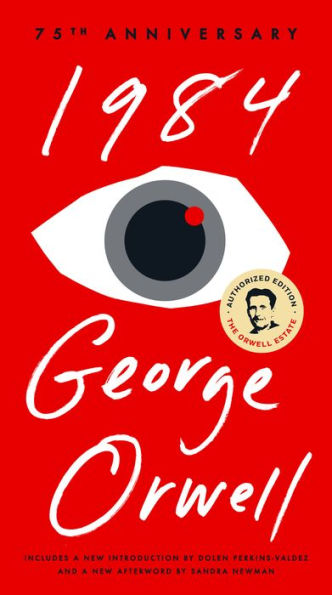 Red book cover of "1984" 75th Anniversary Edition by George Orwell features a large stylized eye in black and white, evoking a sense of surveillance.