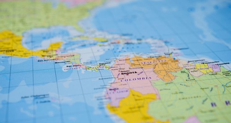 Colored map showing the top half of South American, the bottom half of United States of America and Meixco, and all of Central America.