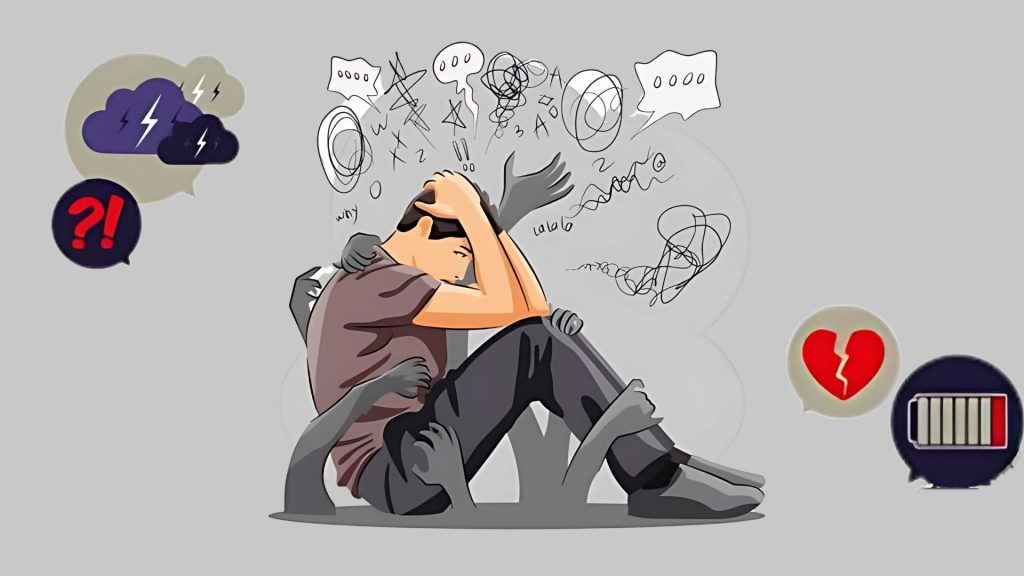 A man curled into a ball, hands holding his head as icons depicting heartbreak, stress, and life cloud his thoughts. Arms pull him down from every direction, a reflection of depression and loneliness.