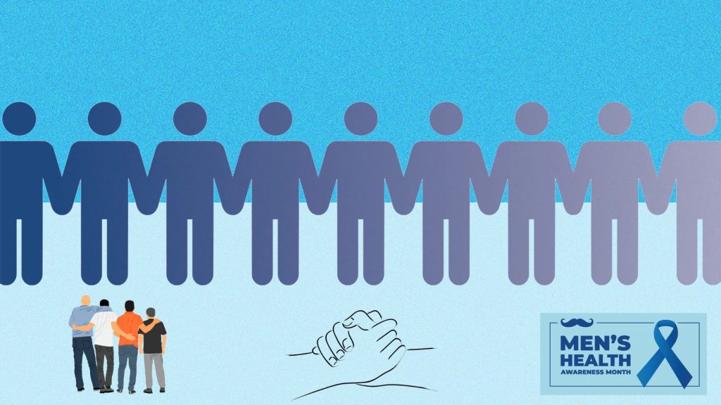 A row of stickmen hold hands in unison. In the bottom left, a group of men (ages ranging from young to old), stand with their backs facing us, embracing one another. The centre of the bottom shows hands uniting in a bond. To the right, is a symbol of Men's Health Awareness Month, with a blue necktie and moustache.