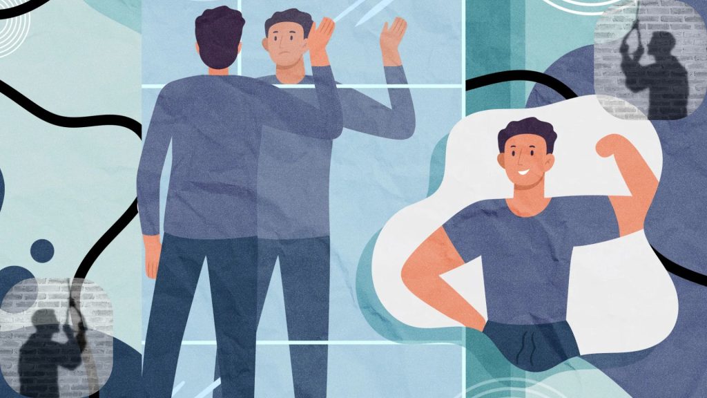 A stylised cartoon depicting a regular man look at himself in the mirror. He waves but looks glum at the ideal version of himself in his head - muscular and handsome. In the corners of the image, faint pictures show a shadow of a man gripping a noose attempting suicide.