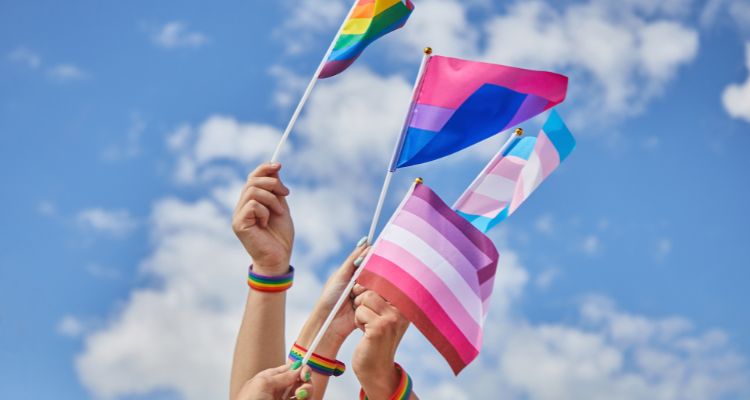 Hands waving different Pride flags in the sky.