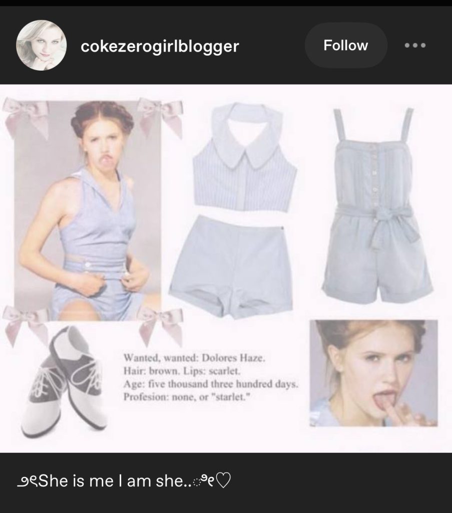 A pastel collage inspired by "Lolita", featuring Dominique Swain as Dolores Haze from the 1997 film. Two stills show her—one in a blue halter romper, the other with her finger in her mouth. Around her are light blue clothing items: a striped crop top, matching shorts, a belted romper, and saddle shoes. Pink ribbon accents decorate the layout for a coquette aesthetic. Text below one image reads: “Wanted, wanted: Dolores Haze. Hair: brown. Lips: scarlet. Age: five thousand three hundred days. Profession: none, or ‘starlet.’” The caption beneath the collage by the original poster says, “She is me I am she..”