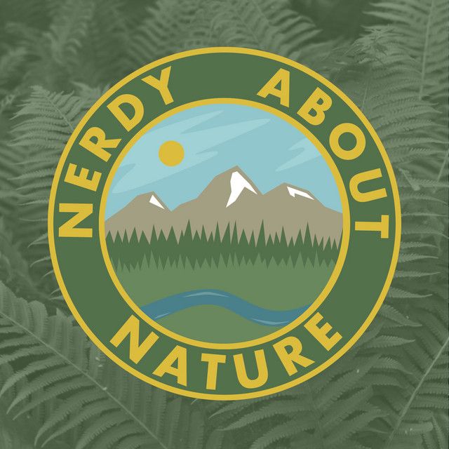 Nerdy About Nature podcast cover. Words in a circle with cartoon mountains and a river in the center.