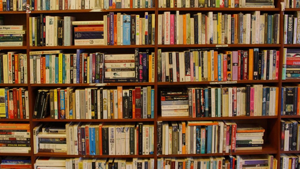 Bookshelves filled with a wide variety of colorful books at a library or bookstore, arranged neatly in rows with no visible titles and authors.