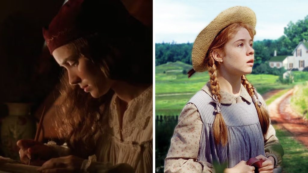 A side by side image of Jo March and Anne Shirley. On the left, is a still of Jo from the 1994 Little Women film. She wears a white nightgown and red hat and writes by candlelight. On the right, is a still of Anne from the 1985 Anne of Green Gables series. She wears a straw hat, brown floral print dress, and blue striped apron. Behind her is a white farmhouse trimmed in green and fields.